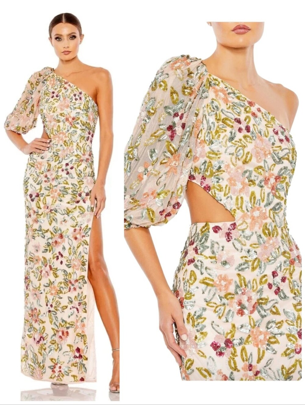 Mac Duggal Formal Floral Dress 5567 Beaded Sequin One Shoulder Gown Nude Maxi 2